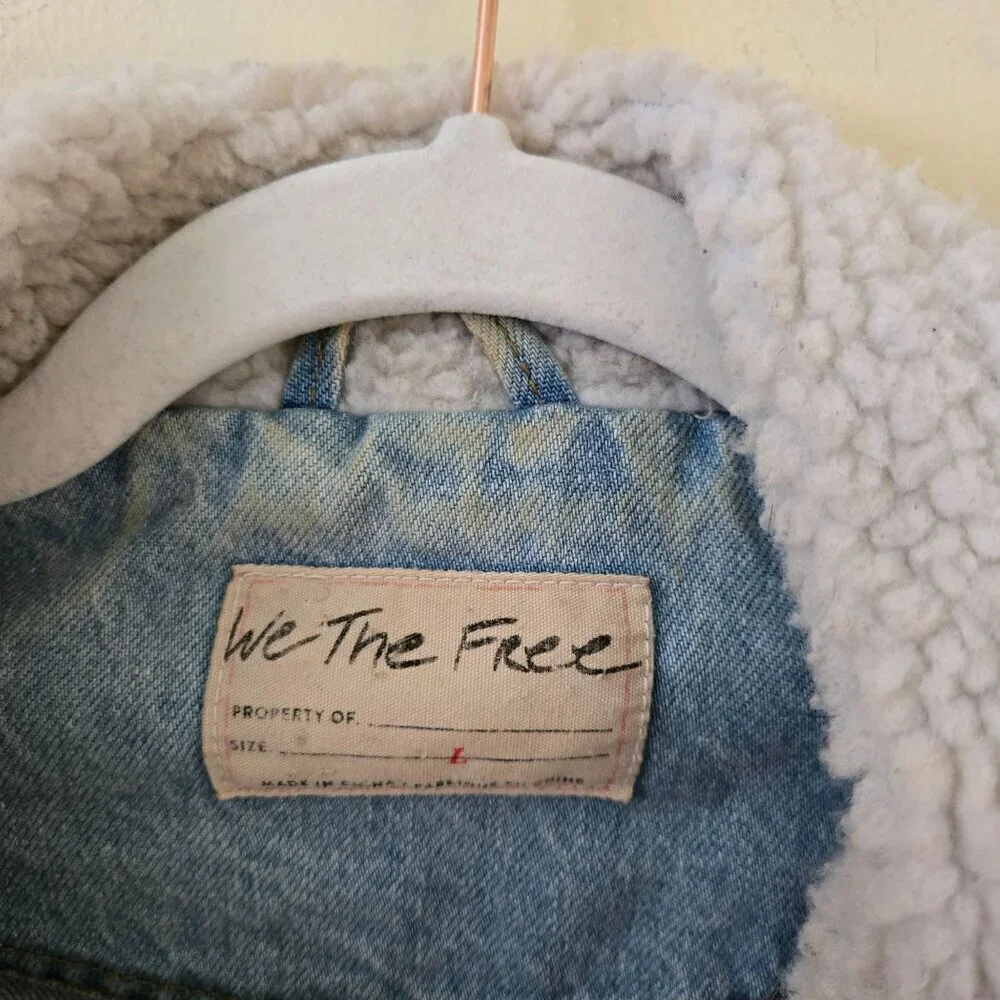 Free People We The Free Ariel Cozy Bomber Jacket Denim Sherpa Trim Size L